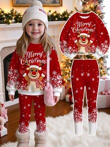 Girls' Christmas Reindeer Print Crew Neck Sweatshirt & Leggings Set, Crew Neck Long Sleeve Sweatshirt + Snowflake Pattern Leggings 2 Pieces Set - Multicolor - View 4