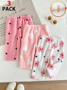 SHEIN Playful Pals 3件組女嬰毛絨褲腿緊身褲，可愛甜美粉色白色波點愛心花卉印花，加厚絨毛，彈性腰頭，適合冬季假期 - 彩色 - 查看 3