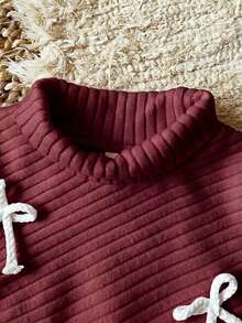 SHEIN 2Pcs Toddler Girl Sweater + Flare Pants Cute Elegant Burgundy Ribbed 3D Bow Long Sleeve High Neck Thick Wedding Fall Winter Holiday Outfit - Burgundy - View 5