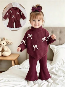 SHEIN 2Pcs Toddler Girl Sweater + Flare Pants Cute Elegant Burgundy Ribbed 3D Bow Long Sleeve High Neck Thick Wedding Fall Winter Holiday Outfit - Burgundy - View 3