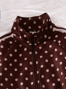 SHEIN Genkimix Kids 2件組女孩秋季新款防風布料酒紅色波點休閒時尚夾克與休閒長褲套裝，可愛甜美生日穿搭 - 棕色 - 查看 5