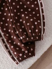 SHEIN Genkimix Kids 2件組女孩秋季新款防風布料酒紅色波點休閒時尚夾克與休閒長褲套裝，可愛甜美生日穿搭 - 棕色 - 查看 8