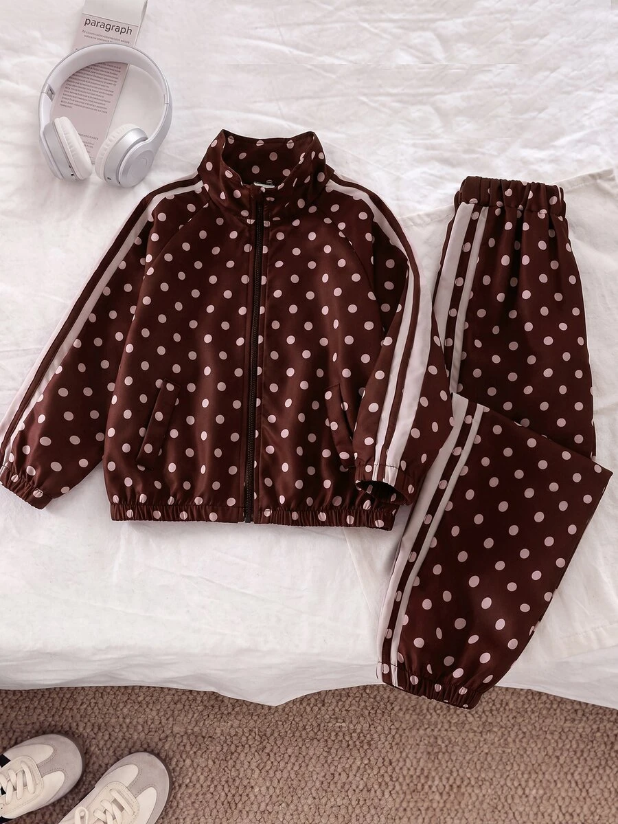 SHEIN Genkimix Kids 2件組女孩秋季新款防風布料酒紅色波點休閒時尚夾克與休閒長褲套裝，可愛甜美生日穿搭 - 棕色 - 查看 1