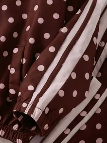 SHEIN Genkimix Kids 2件組女孩秋季新款防風布料酒紅色波點休閒時尚夾克與休閒長褲套裝，可愛甜美生日穿搭 - 棕色 - 查看 7