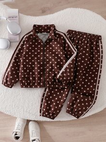 SHEIN Genkimix Kids 2件組女孩秋季新款防風布料酒紅色波點休閒時尚夾克與休閒長褲套裝，可愛甜美生日穿搭 - 棕色 - 查看 4