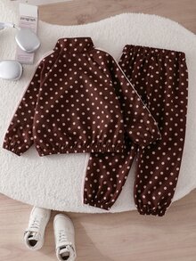 SHEIN Genkimix Kids 2件組女孩秋季新款防風布料酒紅色波點休閒時尚夾克與休閒長褲套裝，可愛甜美生日穿搭 - 棕色 - 查看 2