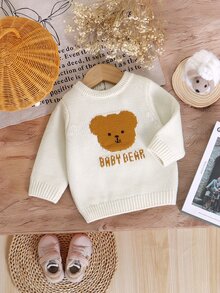 SHEIN 1件嬰兒中性乳白色圓領小熊提花針織毛衣，後扣式長袖套頭衫，卡通 BABY BEAR 字母提花寬鬆落肩版型，適合外出、散步、疊穿、家庭聚會與旅行的多功能上衣 - 杏色 - 查看 6