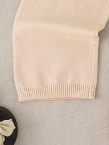 女童針織套裝，時尚可愛花卉圓領毛衣與針織寬腿褲套裝 - 杏色 - 查看 4