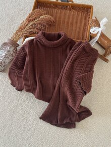 SHEIN 2件組女嬰棕色毛絨針織羅紋高領長袖V領上衣 + 鬆緊腰喇叭褲，休閒復古時尚優雅簡約套裝，適合秋冬日常穿著、上學、購物、旅行與度假 - 棕色 - 查看 5