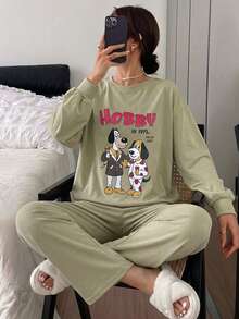 DAZY 可愛小狗圖案寬鬆短袖T恤與格紋直筒長款睡褲2件組 夏季女款居家睡衣套裝 - 綠色 - 查看 4