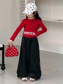 Dazy Kids بنطلون طويل فضفاض بساق واسعة مزين بنمط أحرف من الراين للفتيات المراهقات - الأسود - مشاهدة 2