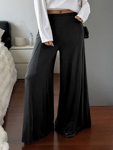 DAZY Women's Solid Color Elastic Waist Loose Casual Pajama Pants - Black - View 1