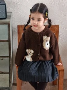 DAZY Infant (Girl) Round Neck Cartoon Contrast Color Long Sleeve Cardigan - Coffee Brown - View 8