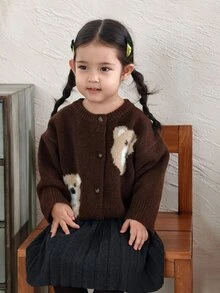 DAZY Infant (Girl) Round Neck Cartoon Contrast Color Long Sleeve Cardigan - Coffee Brown - View 1