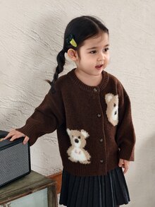 DAZY Infant (Girl) Round Neck Cartoon Contrast Color Long Sleeve Cardigan - Coffee Brown - View 7