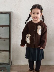 DAZY Infant (Girl) Round Neck Cartoon Contrast Color Long Sleeve Cardigan - Coffee Brown - View 3