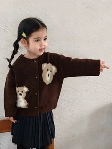DAZY Infant (Girl) Round Neck Cartoon Contrast Color Long Sleeve Cardigan - Coffee Brown - View 6
