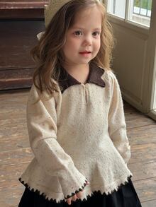 DAZY Infant (Girl) Turn Collar Autumn/Winter Ruffle Trim Short Sleeve Sweater - Apricot - View 1