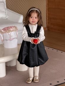 DAZY Baby Girl Casual Solid Color Bowknot Decor Sleeveless Dress - Black - View 5