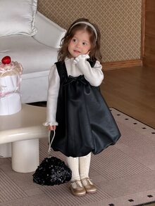 DAZY Baby Girl Casual Solid Color Bowknot Decor Sleeveless Dress - Black - View 3