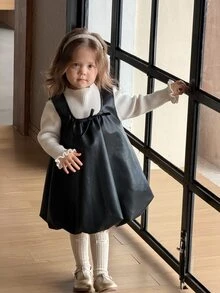 DAZY Baby Girl Casual Solid Color Bowknot Decor Sleeveless Dress - Black - View 8
