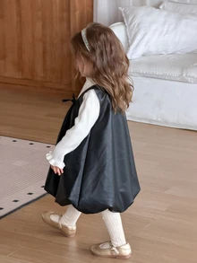 DAZY Baby Girl Casual Solid Color Bowknot Decor Sleeveless Dress - Black - View 2