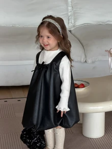 DAZY Baby Girl Casual Solid Color Bowknot Decor Sleeveless Dress - Black - View 4