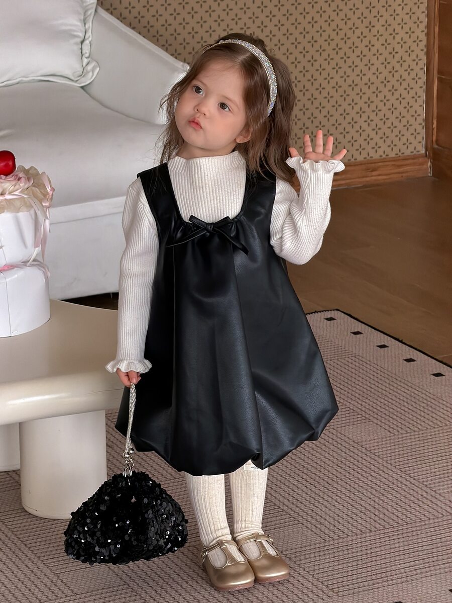 DAZY Baby Girl Casual Solid Color Bowknot Decor Sleeveless Dress - Black - View 1