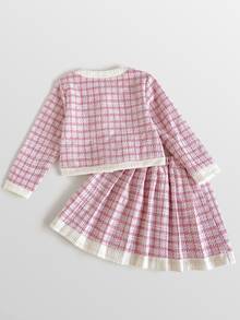 Maija Kids Maija Kids 女童格紋蝴蝶結裝飾長袖上衣與百褶迷你裙時尚套裝 - 粉色 - 查看 9