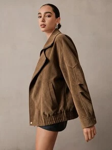 NOVVYNE 女款冬季戶外重磅復古中性立領機車廓形高級時尚麂皮複合棕色夾克 - 棕色 - 查看 5