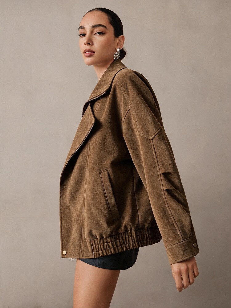 NOVVYNE Women's Winter Outdoor Heavy-Duty Vintage Neutral Stand Collar Motorcycle Silhouette Premium Fashion Suede Composite Brown Jacket - Brown - View 5