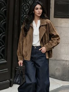 NOVVYNE 女款冬季戶外重磅復古中性立領機車廓形高級時尚麂皮複合棕色夾克 - 棕色 - 查看 6
