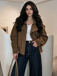 NOVVYNE 女款冬季戶外重磅復古中性立領機車廓形高級時尚麂皮複合棕色夾克 - 棕色 - 查看 1