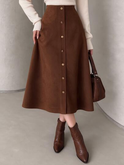 NOVVYNE Women's Midi Skirt, Elegant High Waist Button Front A Line Brown Skirt For Casual Business Office Work Going Out Fall Winter
