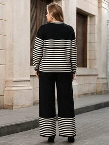 Lacomfia Plus Size Women's Striped Colorblock Long Sleeve Top And Pants Knit Set - Black and White - View 2
