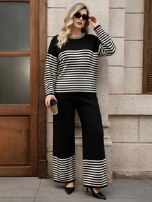 Lacomfia Plus Size Women's Striped Colorblock Long Sleeve Top And Pants Knit Set - Black and White - View 3