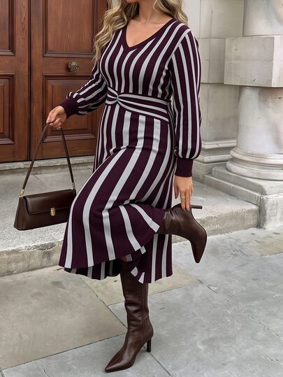 Modelyn Vestido de punto elegante de manga larga con cuello en V a rayas para mujer de talla grande