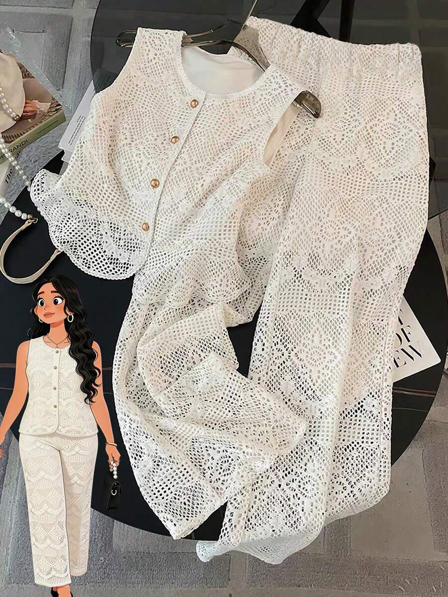 Formidée Plus Size Women Casual Elegant 2 Pieces Lace Set - White - View 1