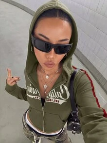StreetHx American Retro Slim Fit Zipper Hooded Sweatshirt Jacket Women's Wear - Olive Green - View 4
