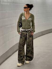 StreetHx American Retro Slim Fit Zipper Hooded Sweatshirt Jacket Women's Wear - Olive Green - View 6