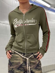 StreetHx American Retro Slim Fit Zipper Hooded Sweatshirt Jacket Women's Wear - Olive Green - View 5