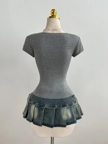Elamini Casual Lace Patchwork Deep V-Neck Grey Slim Fit Short Sleeve T-Shirt, Spring/Summer Lace Undershirt Layering - Multicolor - View 2