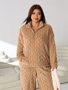 Solflare Bộ 2 món áo tay dài khóa kéo nửa ngực và quần thoải mái size lớn cho mùa đông - Màu Khaki - Xem 7