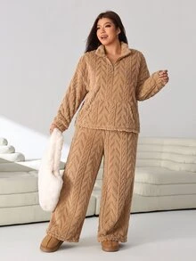 Solflare Bộ 2 món áo tay dài khóa kéo nửa ngực và quần thoải mái size lớn cho mùa đông - Màu Khaki - Xem 6