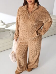 Solflare Bộ 2 món áo tay dài khóa kéo nửa ngực và quần thoải mái size lớn cho mùa đông - Màu Khaki - Xem 8