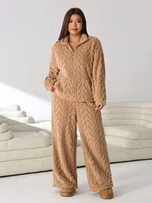 Solflare Bộ 2 món áo tay dài khóa kéo nửa ngực và quần thoải mái size lớn cho mùa đông - Màu Khaki - Xem 5