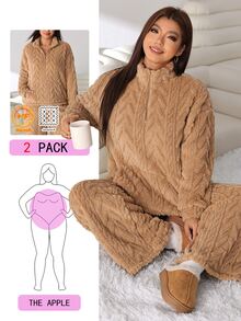 Solflare Bộ 2 món áo tay dài khóa kéo nửa ngực và quần thoải mái size lớn cho mùa đông - Màu Khaki - Xem 9