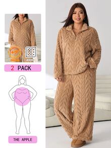 Solflare Bộ 2 món áo tay dài khóa kéo nửa ngực và quần thoải mái size lớn cho mùa đông - Màu Khaki - Xem 2