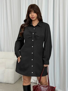 GalTyme Plus Size Women Solid Color Pleated Casual Daily Summer Travel Dress - Black - View 3