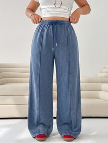 Solflare Plus Size Women's Casual Drawstring Waist Loose Sweatpants For Daily Wear - Baby Blue - View 1